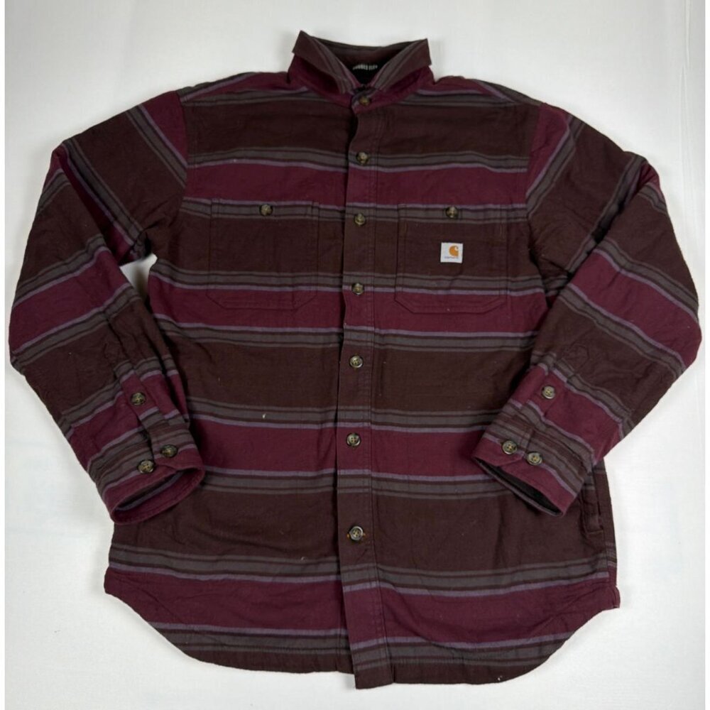 Carhartt Men M Dark Brown Stripe Rugged Flex Midweight Fleece Lined Shirt 104913